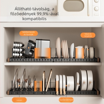 Diófából készült konyhai tárolópolc edények és serpenyők számára, munkalapra helyezhető szervező, fedő tartó