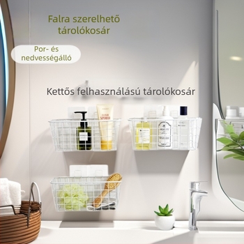 Fali fém tárolópolc szekrénnyel és kosárral, fúrás nélkül, konyhára és fürdőszobára