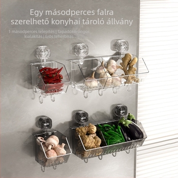 Fali konyhai tárolópolc szívókoronggal, fúrás nélkül, fűszerek, gyömbér és fokhagyma rendező
