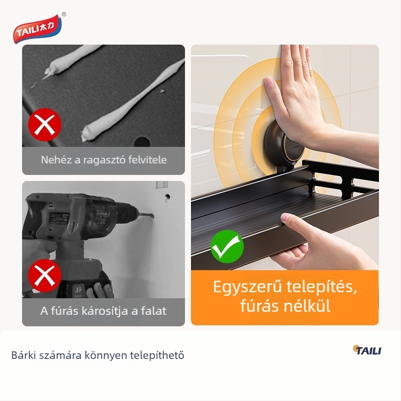 Taili konyhai polc szívókoronggal — fűszertároló, többfunkciós tároló, széles kialakítás, telepítés nélkül