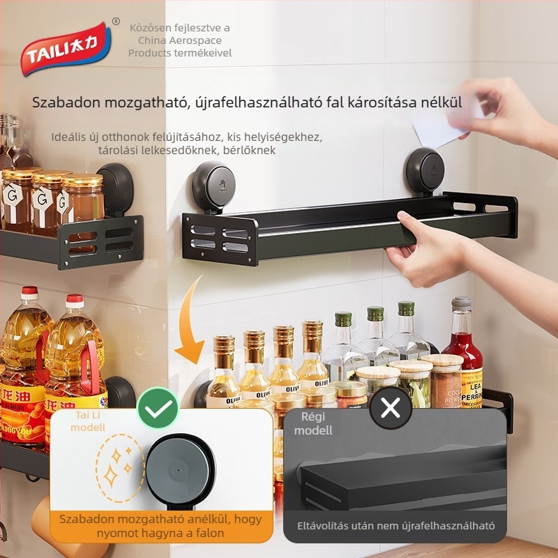 Taili konyhai polc szívókoronggal — fűszertároló, többfunkciós tároló, széles kialakítás, telepítés nélkül
