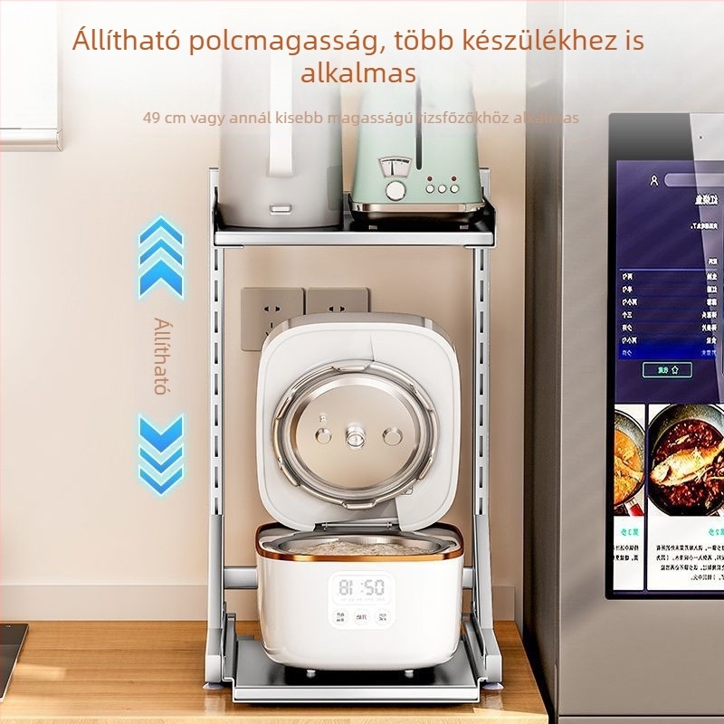 Rozsdamentes acélból készült konyhai tárolóállvány rizsfőző és fritőz számára, kihúzható pulton tartó, többszintű készülék-szervező
