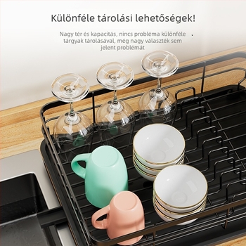 Konyhai edényállvány leeresztő funkcióval – asztali, multifunkcionális tárolópolc tálakhoz, bögrékhez és evőpálcikákhoz