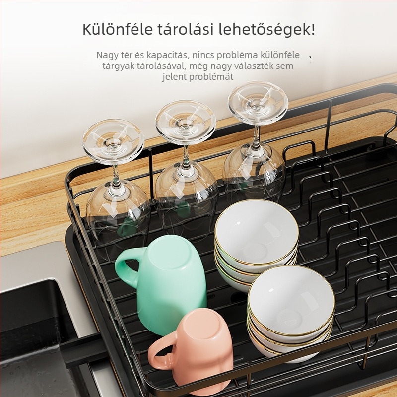 Konyhai edényállvány leeresztő funkcióval – asztali, multifunkcionális tárolópolc tálakhoz, bögrékhez és evőpálcikákhoz