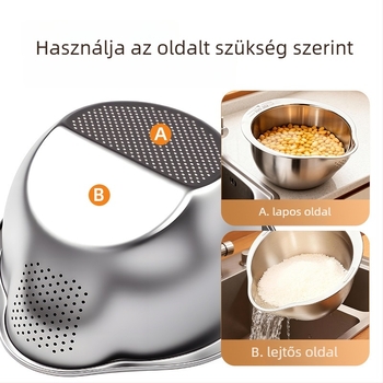 Rozsdamentes acélból készült zöldség- és gyümölcs mosókosár vízszűrővel, rizsöblítő eszközzel és konyhai leeresztő medencével