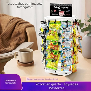 Fából készült nassolnivaló tároló polc, csipeszes és akasztós kivitel, forgó bemutatóállvány chips és édességek számára