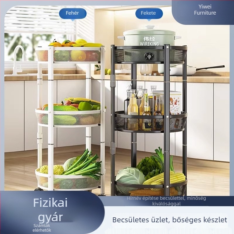 Forgó konyhai állvány padlóra, szerelés nélkül, háromszintes zöldség- és gyümölcstároló otthoni használatra