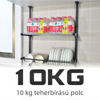 Padlóra álló konyhai tároló – többfunkciós polc, fúrás nélkül szerelhető edény- és lábasállvány, lehúzható mosogatótálca levezető polc és lábas tartó