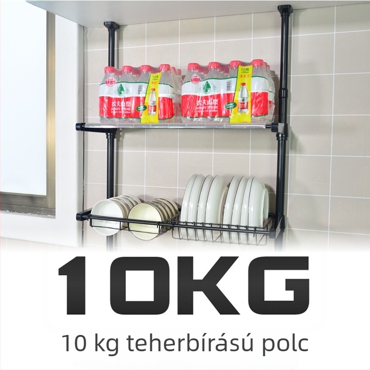 Padlóra álló konyhai tároló – többfunkciós polc, fúrás nélkül szerelhető edény- és lábasállvány, lehúzható mosogatótálca levezető polc és lábas tartó