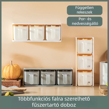 Kreatív falra szerelhető fűszertároló, fúrás nélkül, fiókos elrendezéssel, sóhoz, cukorhoz és három ízű fűszerhez.
