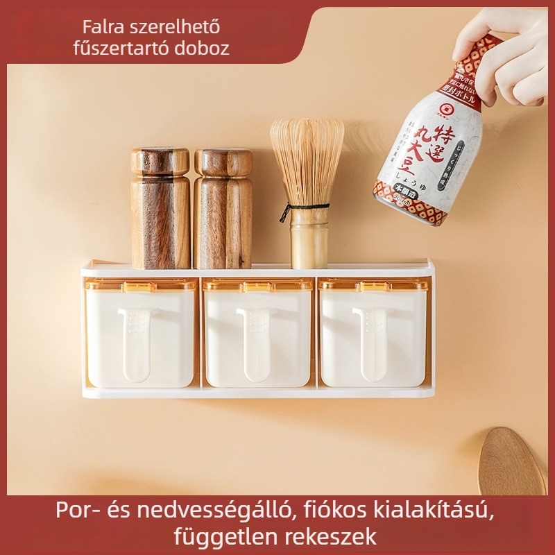 Kreatív falra szerelhető fűszertároló, fúrás nélkül, fiókos elrendezéssel, sóhoz, cukorhoz és három ízű fűszerhez.