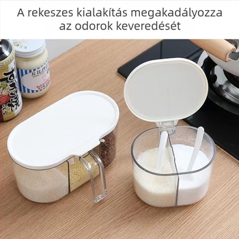 Átlátszó, több rekeszes fűszertároló flip-tetővel, sóhoz, cukorhoz és MSG-hez