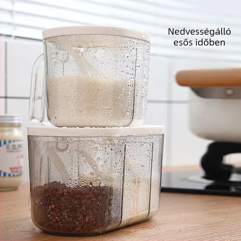 Átlátszó, több rekeszes fűszertároló flip-tetővel, sóhoz, cukorhoz és MSG-hez