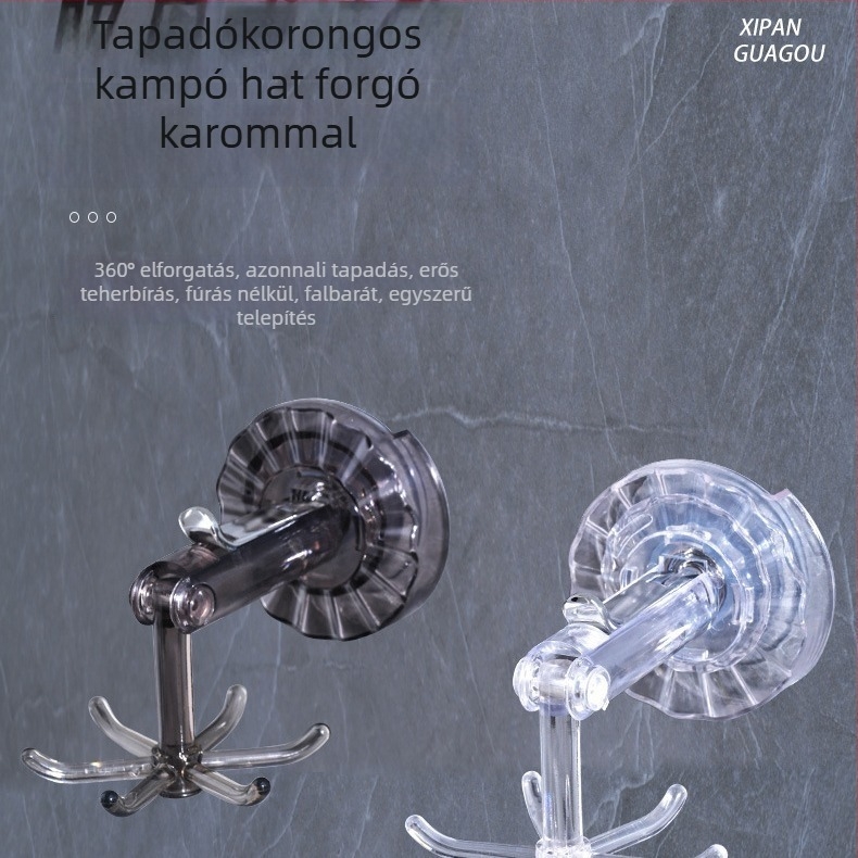 Kör alakú, forgó szívófejes falra szerelhető akasztó, hatszárú karokkal, fúrás nélkül, multifunkcionális konyhai eszközök tárolója