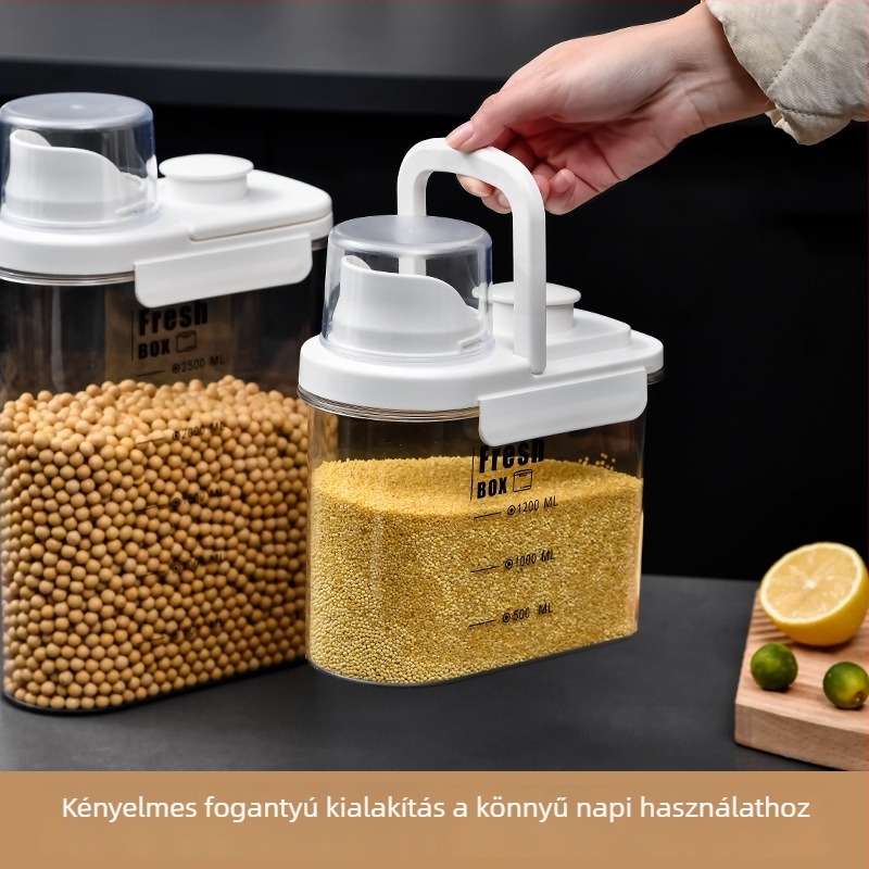 Fém rizstároló tartály, légmentesen záródó gabonatároló, rovar- és porálló, modern minimalist kialakítás, kapacitás 4 L alatt