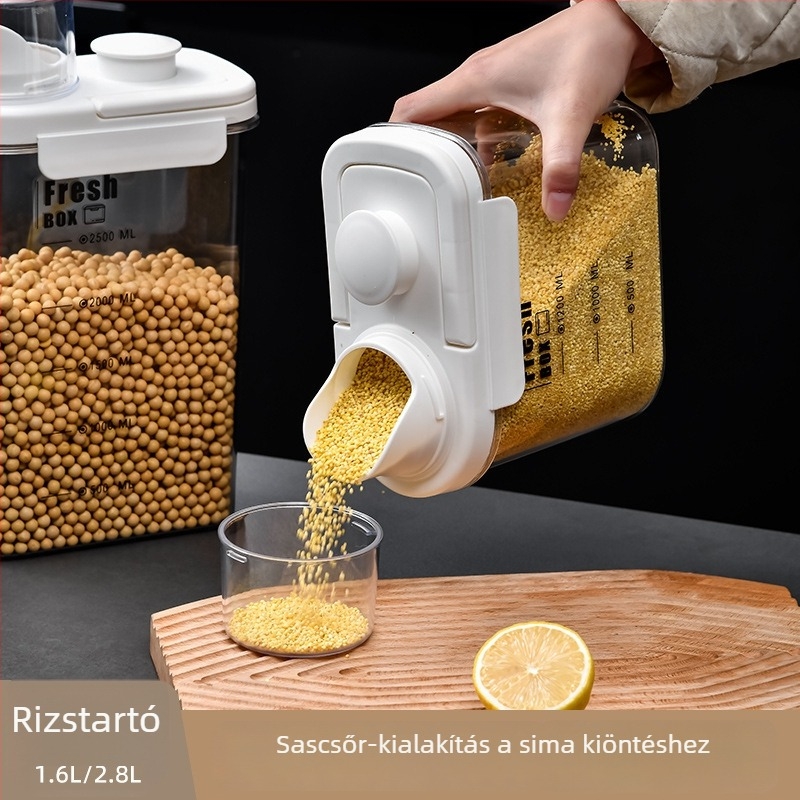 Fém rizstároló tartály, légmentesen záródó gabonatároló, rovar- és porálló, modern minimalist kialakítás, kapacitás 4 L alatt
