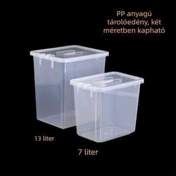 PP műanyag rizstároló edény, 7–8 literes kapacitás, nedvesség- és rovarálló, konyhai rizs, liszt és hüvelyesek tárolására.