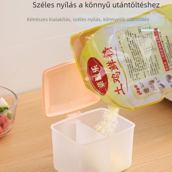 Két rekeszes konyhai fűszeres doboz fedővel, műanyag sószóró készlet