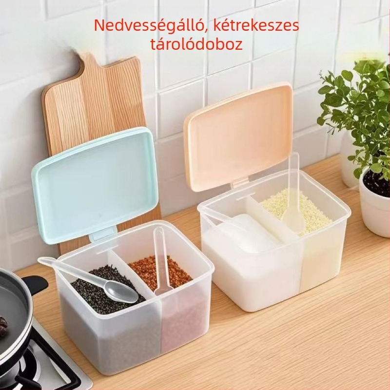 Két rekeszes konyhai fűszeres doboz fedővel, műanyag sószóró készlet
