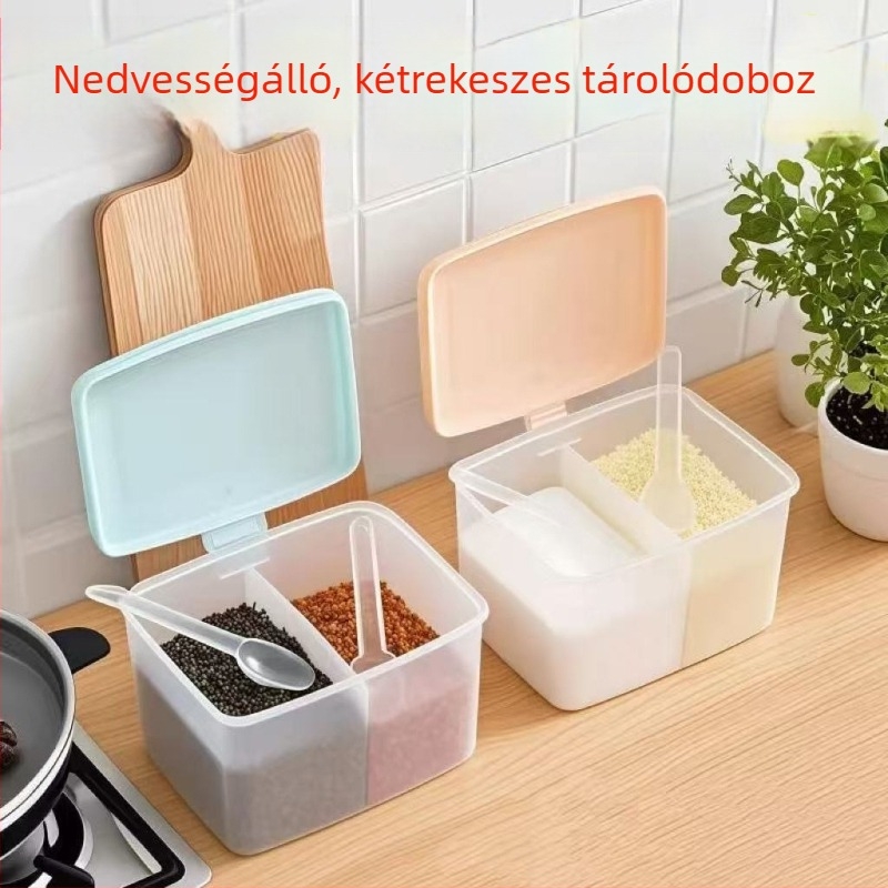 Két rekeszes konyhai fűszeres doboz fedővel, műanyag sószóró készlet