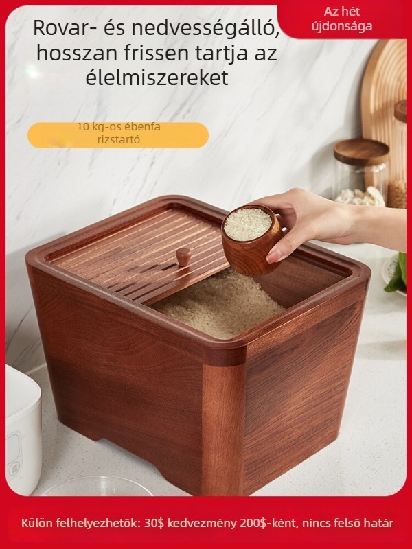 Élelmiszer-minőségű tömörfa rizstároló tartály, atkák elleni és nedvességálló zárható kialakítású, konyhai használatra; kapacitás 9–10 liter.