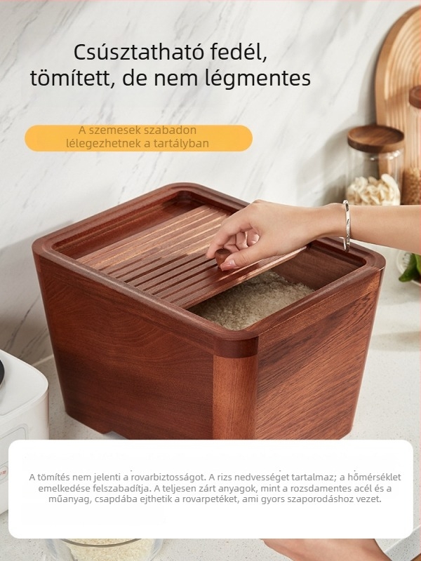 Élelmiszer-minőségű tömörfa rizstároló tartály, atkák elleni és nedvességálló zárható kialakítású, konyhai használatra; kapacitás 9–10 liter.