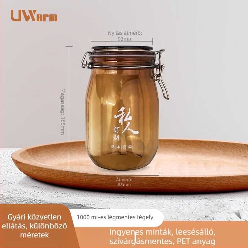 Ni Mei Lady PET műanyag üveg csattos zárófedelemmel, borostyán-színű átlátszó üveg növényi maszkokhoz, 1000 ml