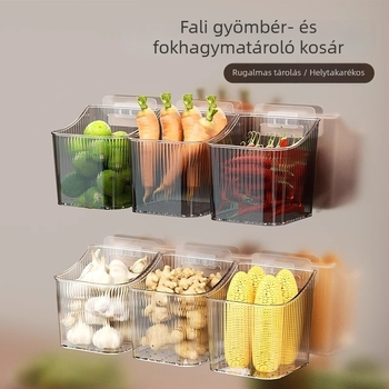 Falihoz rögzített konyhai tároló polc kosárral hagyma, gyömbér és fokhagyma, valamint fűszerek számára