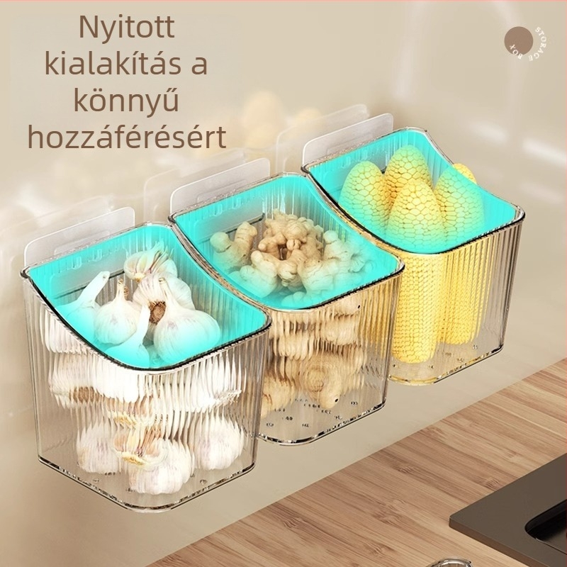 Falihoz rögzített konyhai tároló polc kosárral hagyma, gyömbér és fokhagyma, valamint fűszerek számára