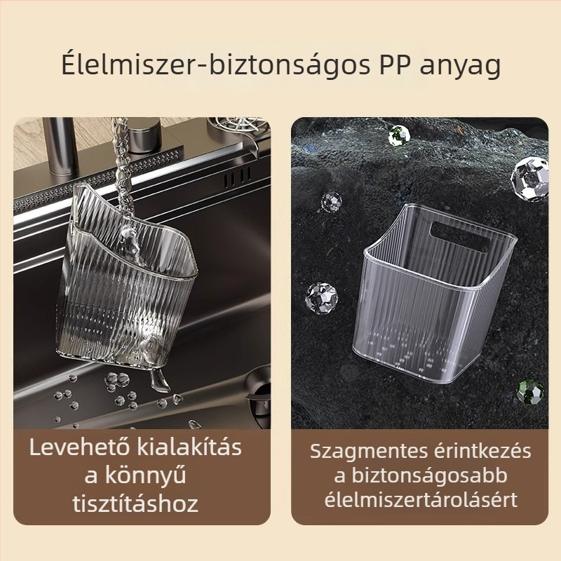 Falihoz rögzített konyhai tároló polc kosárral hagyma, gyömbér és fokhagyma, valamint fűszerek számára