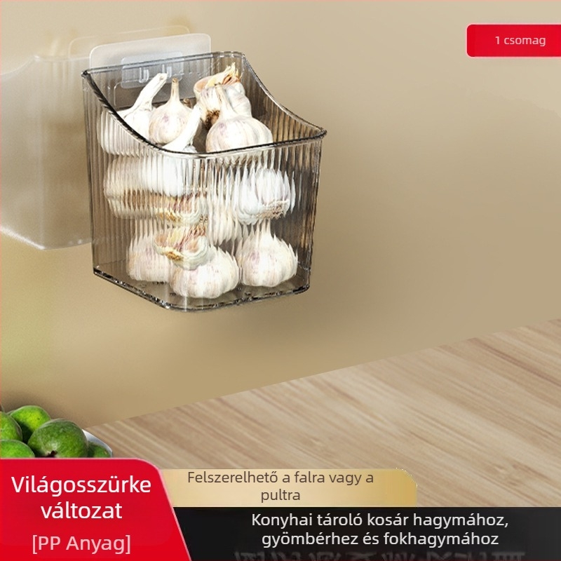 Falihoz rögzített konyhai tároló polc kosárral hagyma, gyömbér és fokhagyma, valamint fűszerek számára