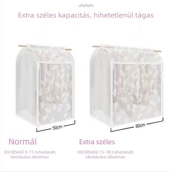 Teljesen zárt, átlátszó porvédő ruhafedő, vállfára akasztható ruhák tárolására