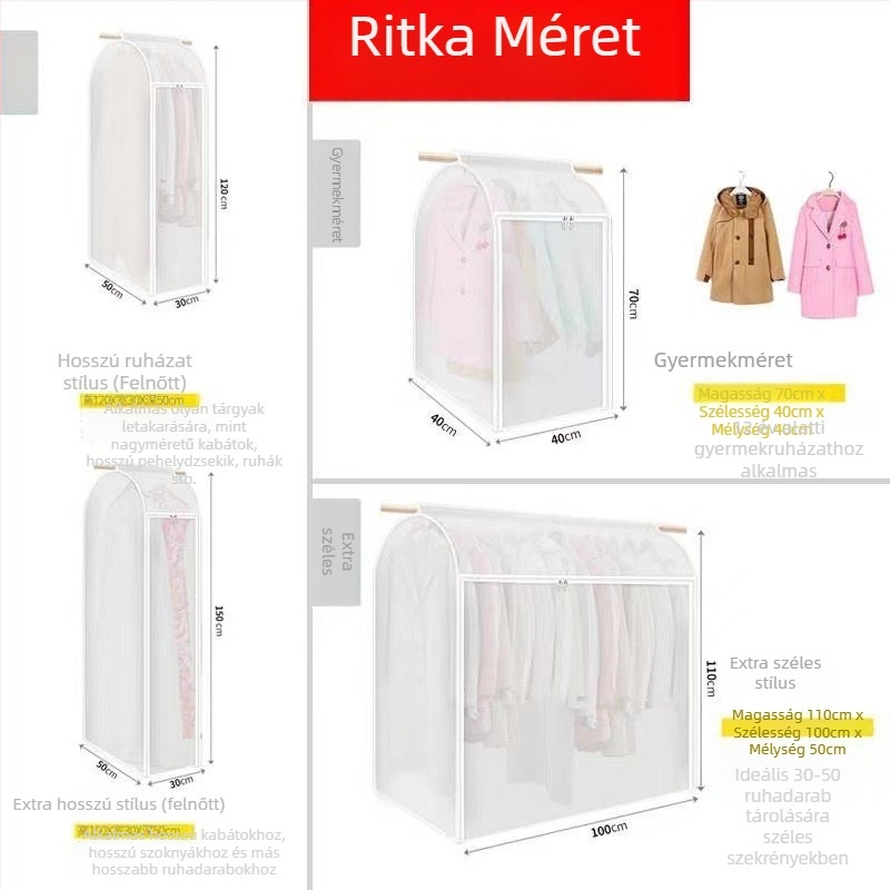 Teljesen zárt, átlátszó porvédő ruhafedő, vállfára akasztható ruhák tárolására
