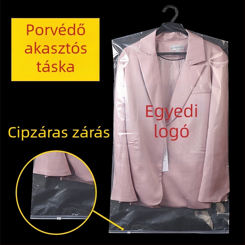 Műanyag porvédő ruhatartó táska személyre szabott logóval, átlátszó, cipzáras