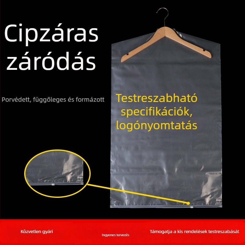 Műanyag porvédő ruhatartó táska személyre szabott logóval, átlátszó, cipzáras