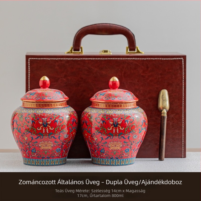 Kerámiás teátároló, luxus ajándék tea-doboz kínai stílusú Pu'er tea 250 g, lezárt bőr doboz