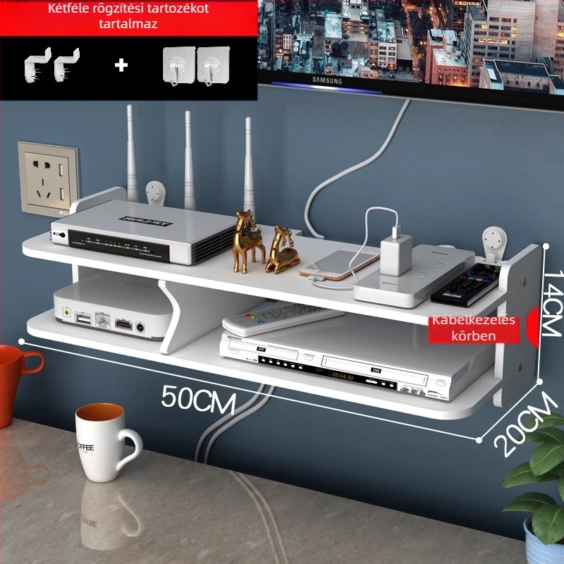 Fúrás nélküli falra szerelhető tároló a set-top box és a router számára – nappali és hálószoba rendező
