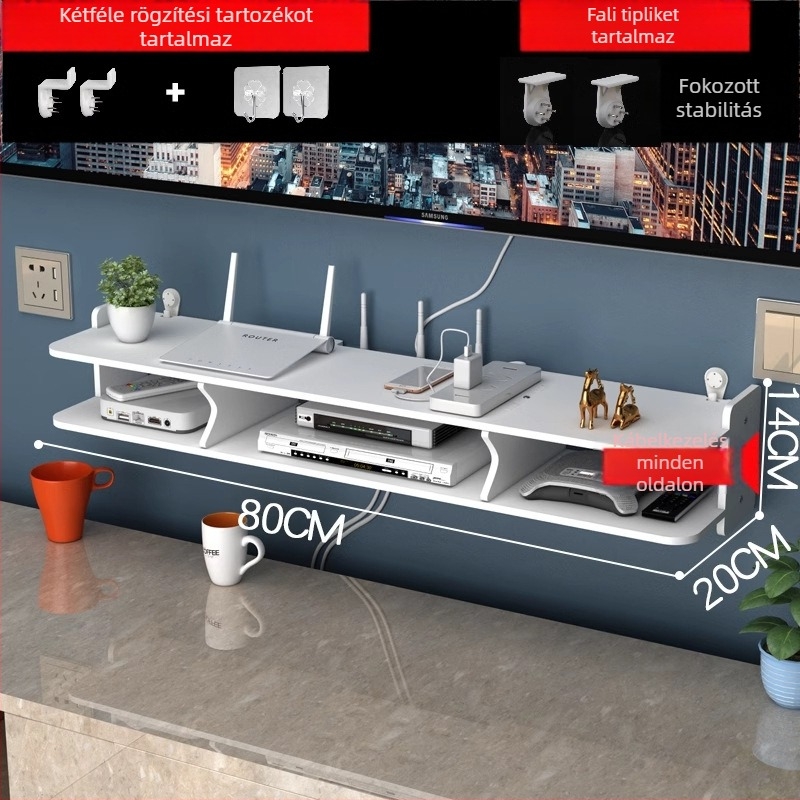 Fúrás nélküli falra szerelhető tároló a set-top box és a router számára – nappali és hálószoba rendező