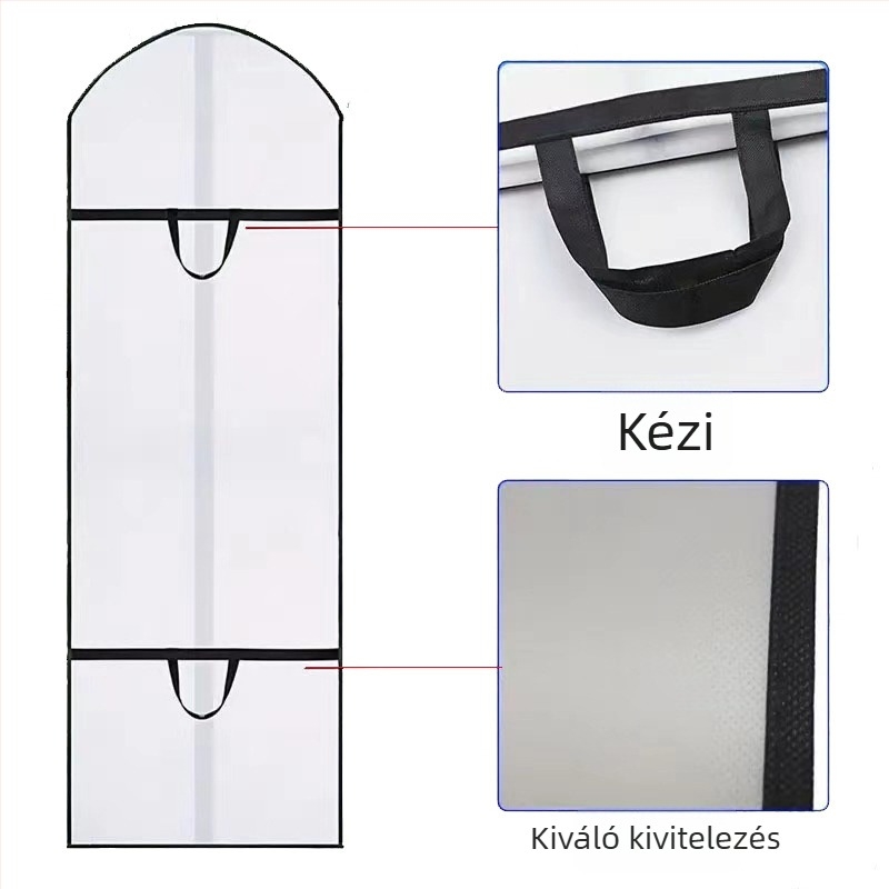 Menyasszonyi ruha porvédő táska, nemszőtt anyagból, nedvességálló, összecsukható, akasztóval ruhák tárolására