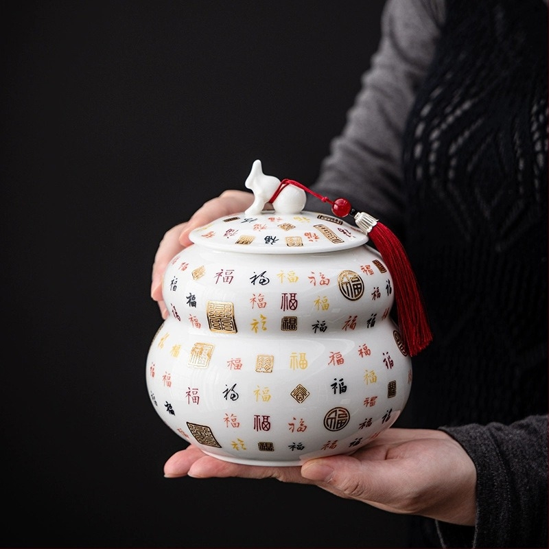 Jade porcelán teás doboz, gömbölyű tök alak, motívum Száz Áldás, kerámia tea tároló, zárható, nedvességálló