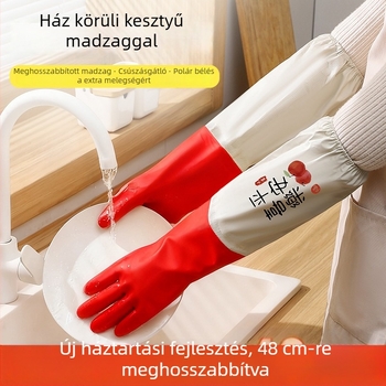 Velúr béléses PVC mosogatókesztyű, vízálló és kopásálló, 48 cm hosszú, konyhai használatra