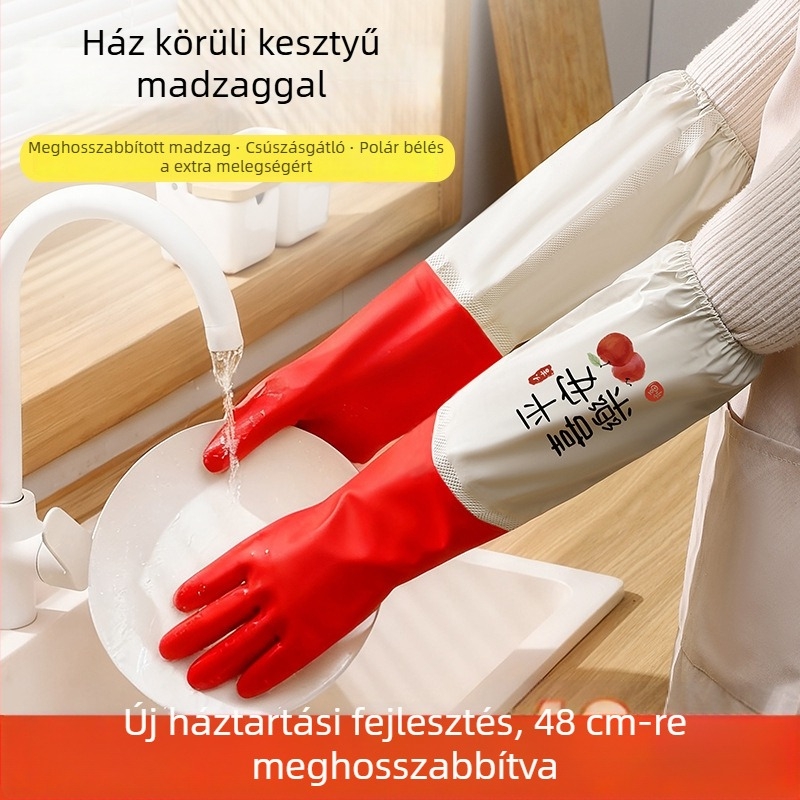Velúr béléses PVC mosogatókesztyű, vízálló és kopásálló, 48 cm hosszú, konyhai használatra