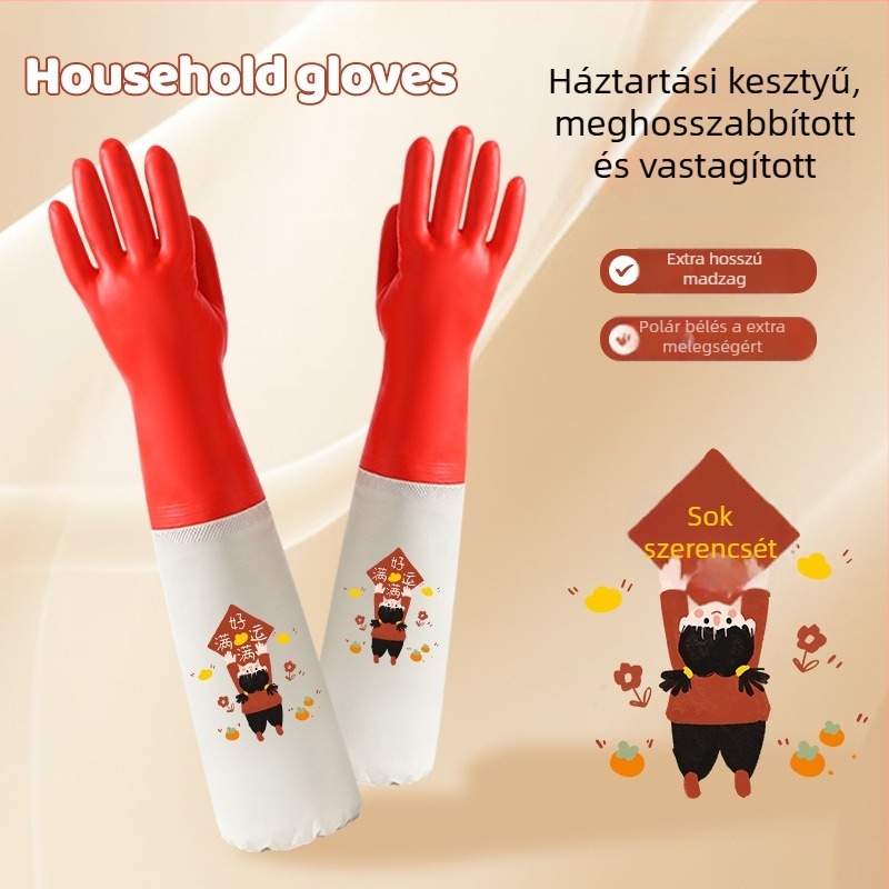 Velúr béléses PVC mosogatókesztyű, vízálló és kopásálló, 48 cm hosszú, konyhai használatra
