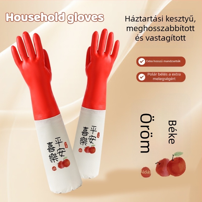 Velúr béléses PVC mosogatókesztyű, vízálló és kopásálló, 48 cm hosszú, konyhai használatra