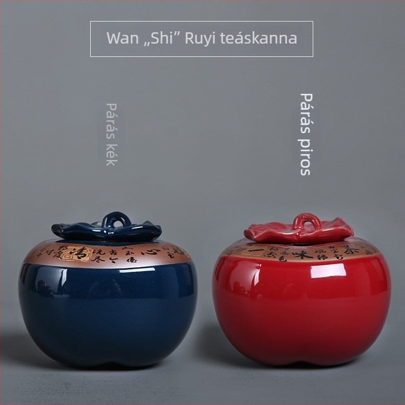 Kerámia teás doboz persimmon formájú, kék-piros mázzal, retro stílus, logó nyomtatás, ajándékdoboz új évre és esküvőre