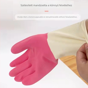 Háztartási latex kesztyű edények mosásához – tartós, megvastagított, vízálló és kopásálló; 240 mm hosszú; kétszínű, egységes minta; konyhai és tisztítási célra.