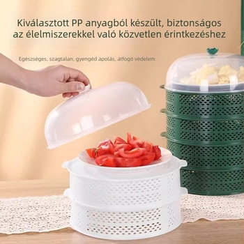 Háztartási többfunkciós ételtakaró, többszintű perforált kialakítás, fedő a maradék ételekhez az asztalon beépített leszárító kosárral, rovarvédett