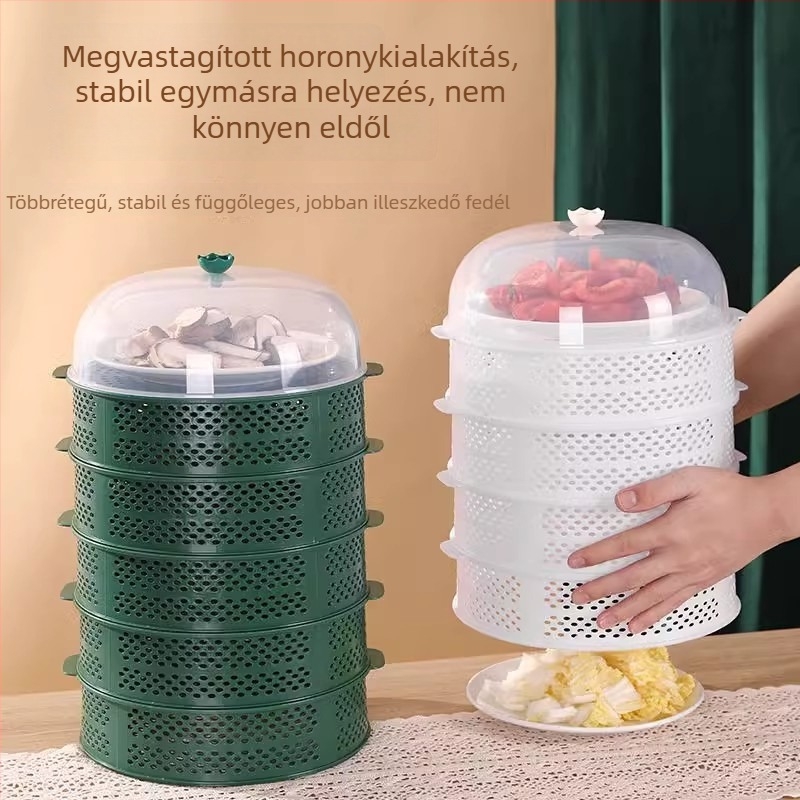 Háztartási többfunkciós ételtakaró, többszintű perforált kialakítás, fedő a maradék ételekhez az asztalon beépített leszárító kosárral, rovarvédett