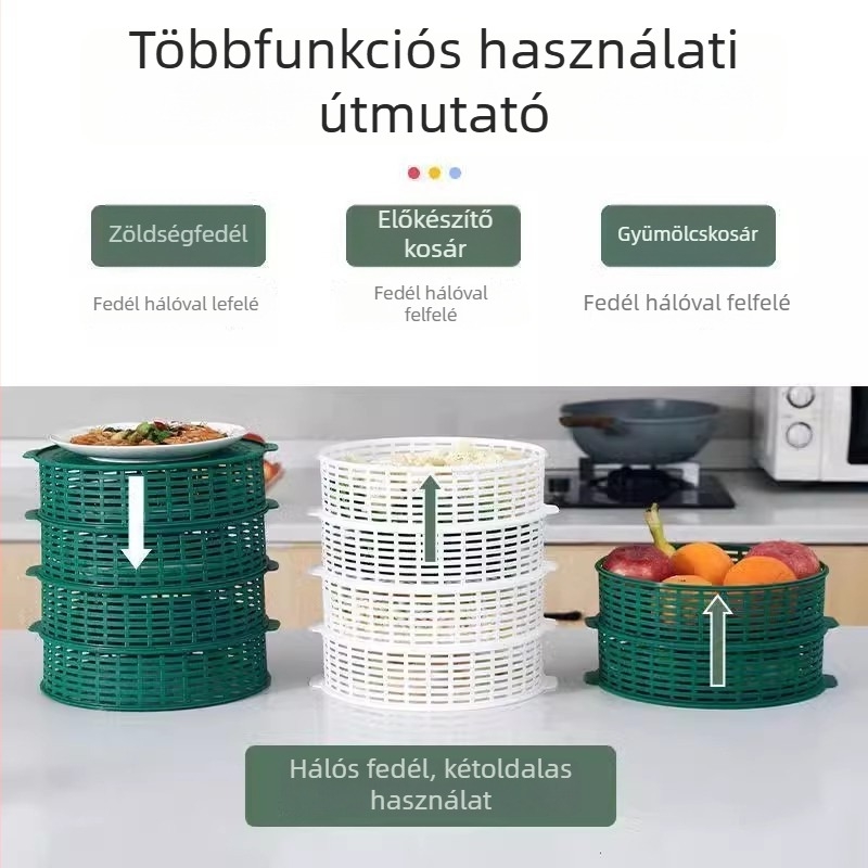 Háztartási többfunkciós ételtakaró, többszintű perforált kialakítás, fedő a maradék ételekhez az asztalon beépített leszárító kosárral, rovarvédett