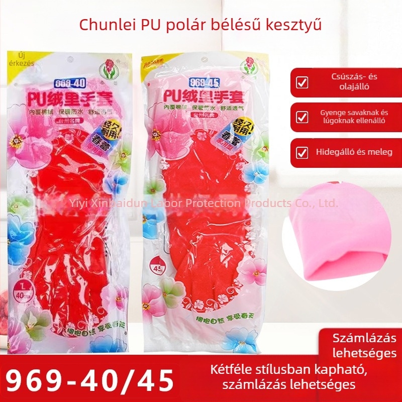 PU bevonatú vegyszerálló háztartási kesztyű velúr béléses, hosszított csuklórész